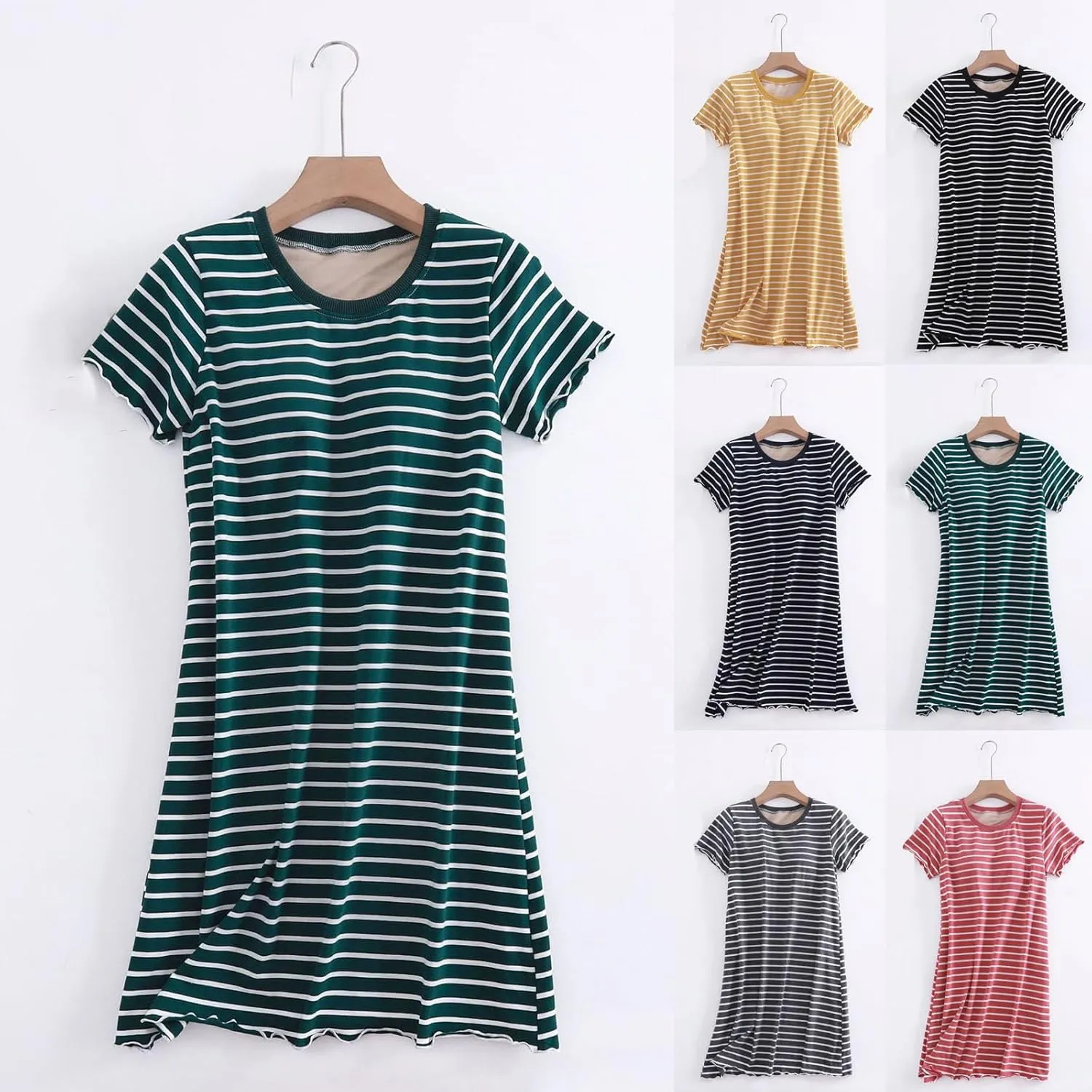 Women's Cotton Striped Nightgown Soft Sleep Dress Summer Short Sleeve Loose Comfy Sleepwear with Built in Shelf Bra