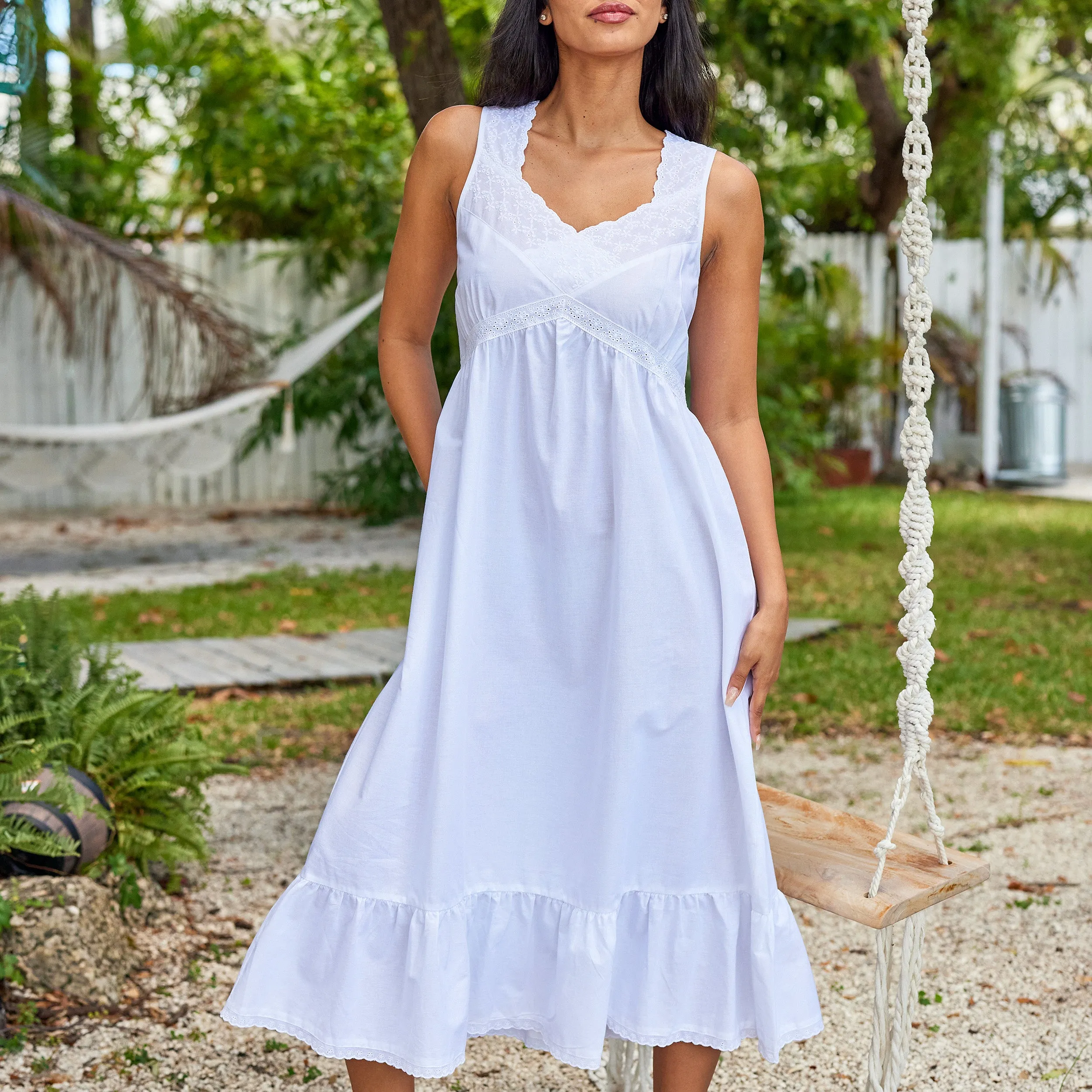 Women's Cotton Victorian Nightgown, Priscilla Sleeveless Lace Trimmed Deep V-neck Long Night Dress