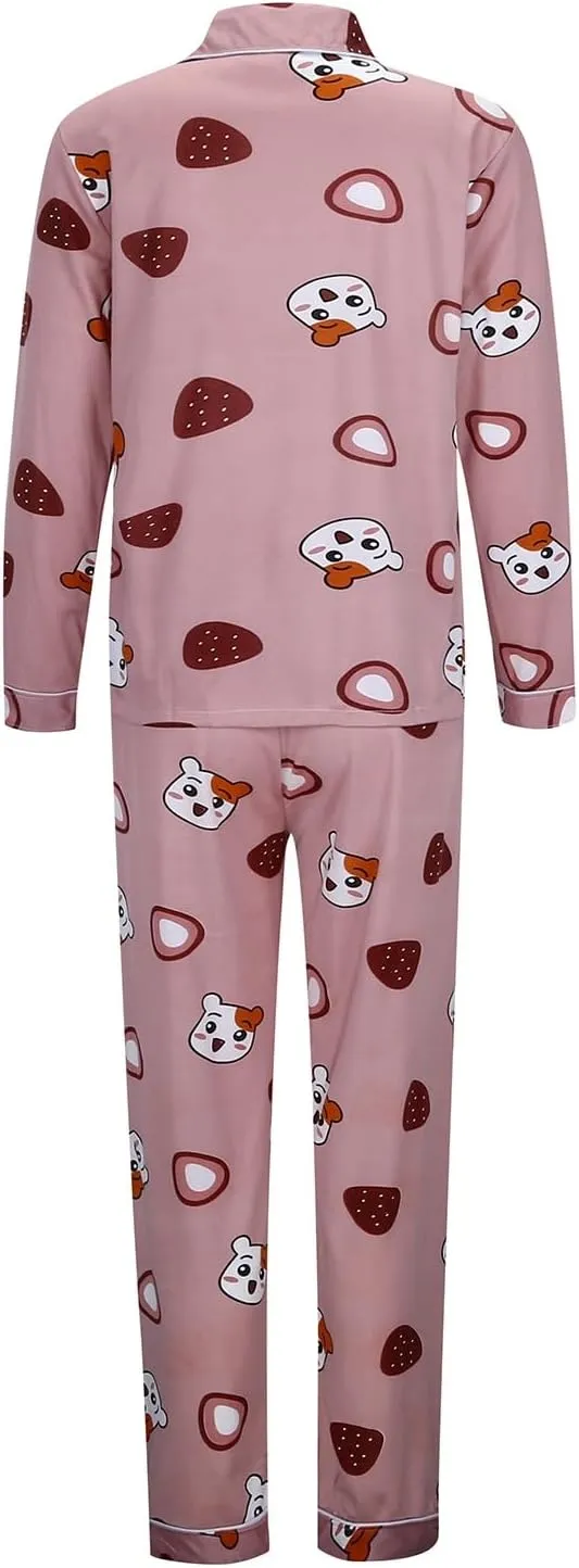 Womens Cute Plus Size Pajamas Set Long Sleeve Button down Animal Print Tee Trousers Sleepwear Nightwear Soft Pjs Lounge Sets