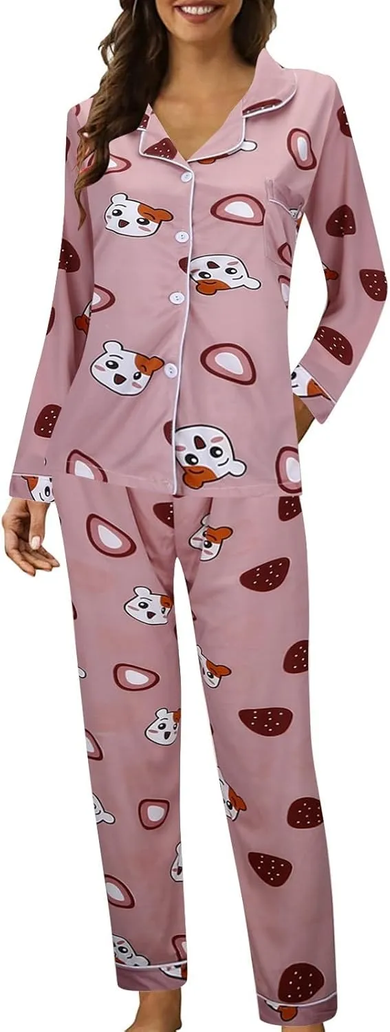 Womens Cute Plus Size Pajamas Set Long Sleeve Button down Animal Print Tee Trousers Sleepwear Nightwear Soft Pjs Lounge Sets