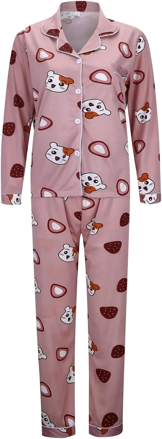 Womens Cute Plus Size Pajamas Set Long Sleeve Button down Animal Print Tee Trousers Sleepwear Nightwear Soft Pjs Lounge Sets