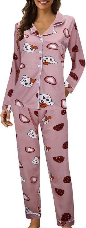 Womens Cute Plus Size Pajamas Set Long Sleeve Button down Animal Print Tee Trousers Sleepwear Nightwear Soft Pjs Lounge Sets