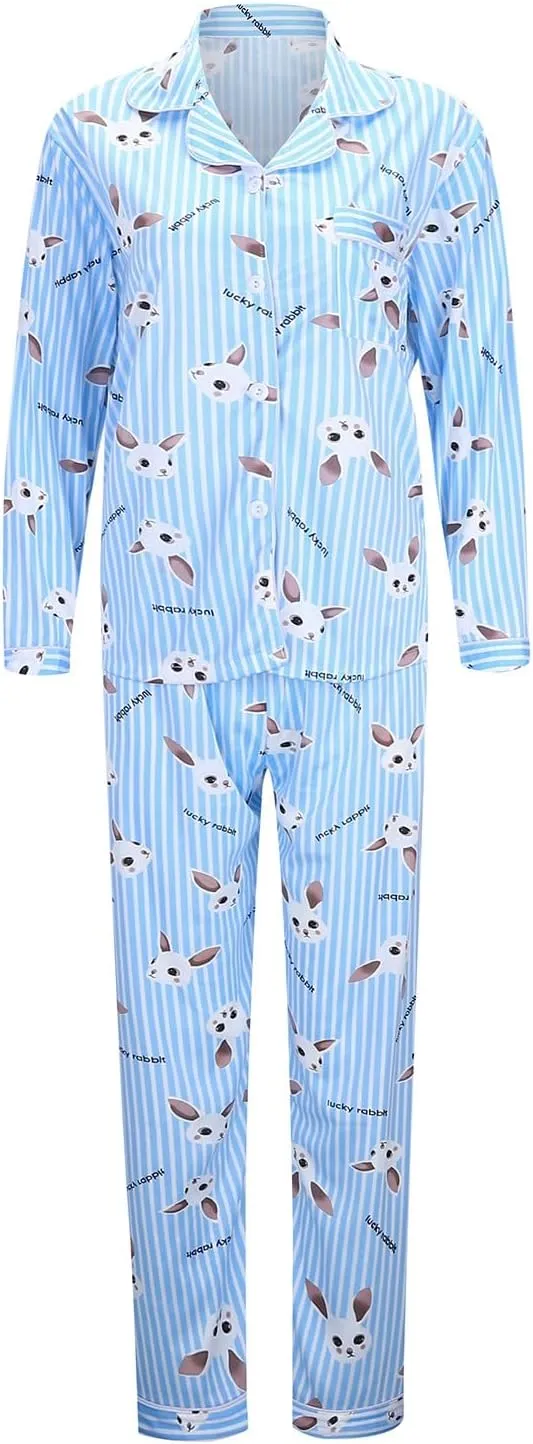 Womens Cute Plus Size Pajamas Set Long Sleeve Button down Rabbit Printed Sleepwear Nightwear Soft Pjs Lounge Sets