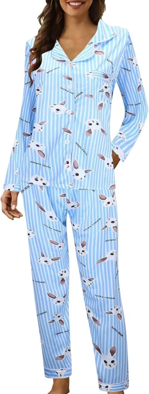 Womens Cute Plus Size Pajamas Set Long Sleeve Button down Rabbit Printed Sleepwear Nightwear Soft Pjs Lounge Sets