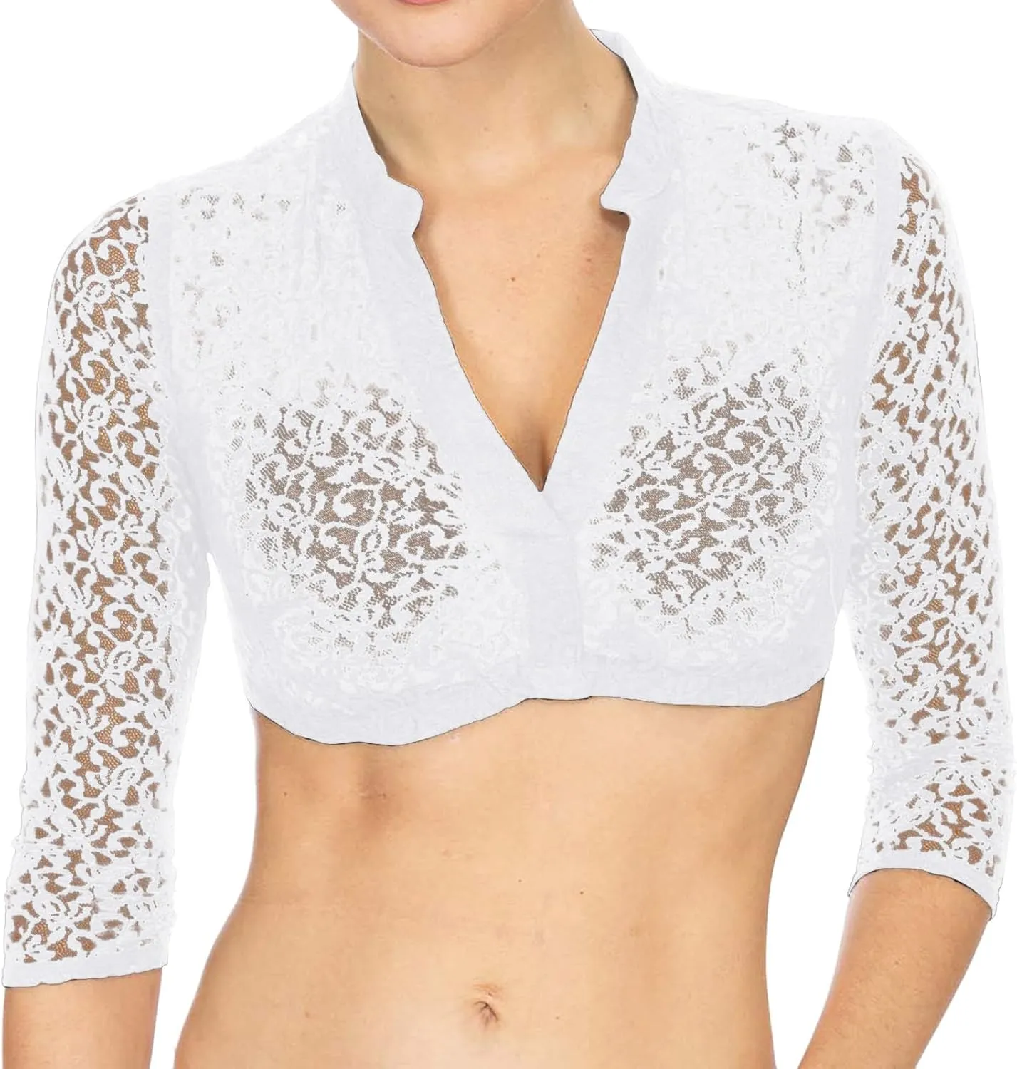 Women's Dirndl Blouse for Oktoberfest Lingerie Sheer Mesh Lace Crop Tops Deep V Neck Vest Long Sleeve Partywear