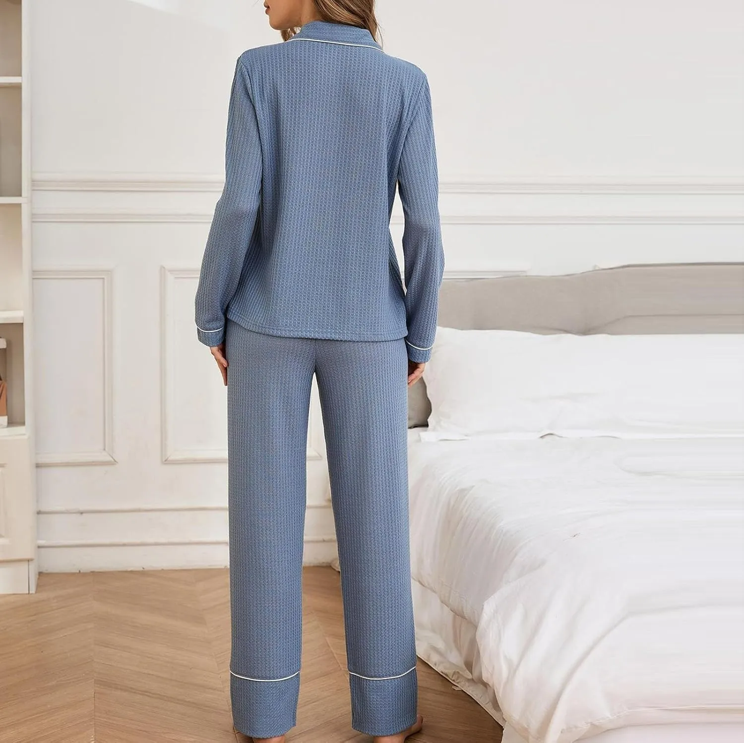 Womens Elegant Pajama Set, Soft Long Sleeve Knit Pajamas Long Pants with Pockets, Warm Button-Up Sleepwear Lounge Pjs