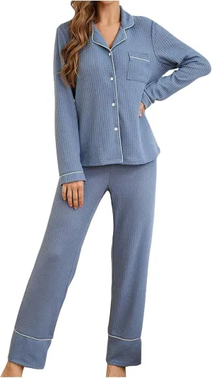 Womens Elegant Pajama Set, Soft Long Sleeve Knit Pajamas Long Pants with Pockets, Warm Button-Up Sleepwear Lounge Pjs