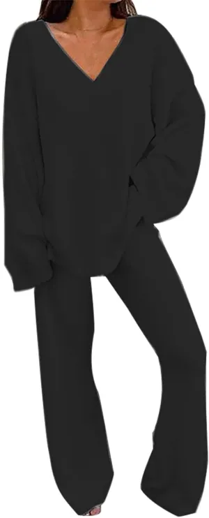 Women's Fall 2 Piece Pajama Sets Women's Fuzzy Sets 2 Outfits Long Sleeve Top Wide Leg Pants Pajama Sets Pj Sets