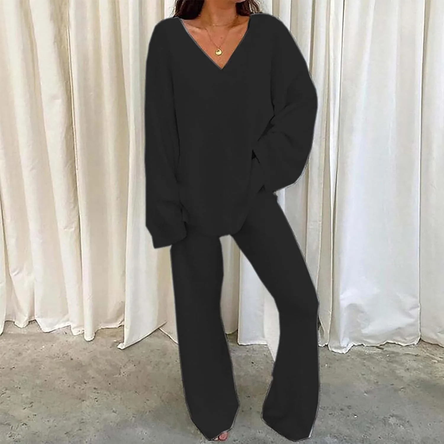 Women's Fall 2 Piece Pajama Sets Women's Fuzzy Sets 2 Outfits Long Sleeve Top Wide Leg Pants Pajama Sets Pj Sets