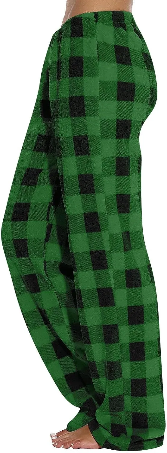 Womens Flannel Buffalo Plaid Pajama Pants Comfy Warm Plaid Pj Pants Fuzzy Wide Leg Lounge Pants Pajamas Bottoms