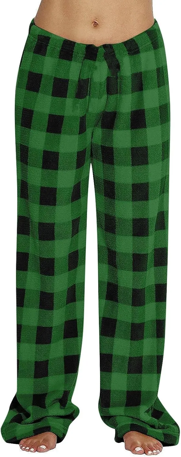 Womens Flannel Buffalo Plaid Pajama Pants Comfy Warm Plaid Pj Pants Fuzzy Wide Leg Lounge Pants Pajamas Bottoms