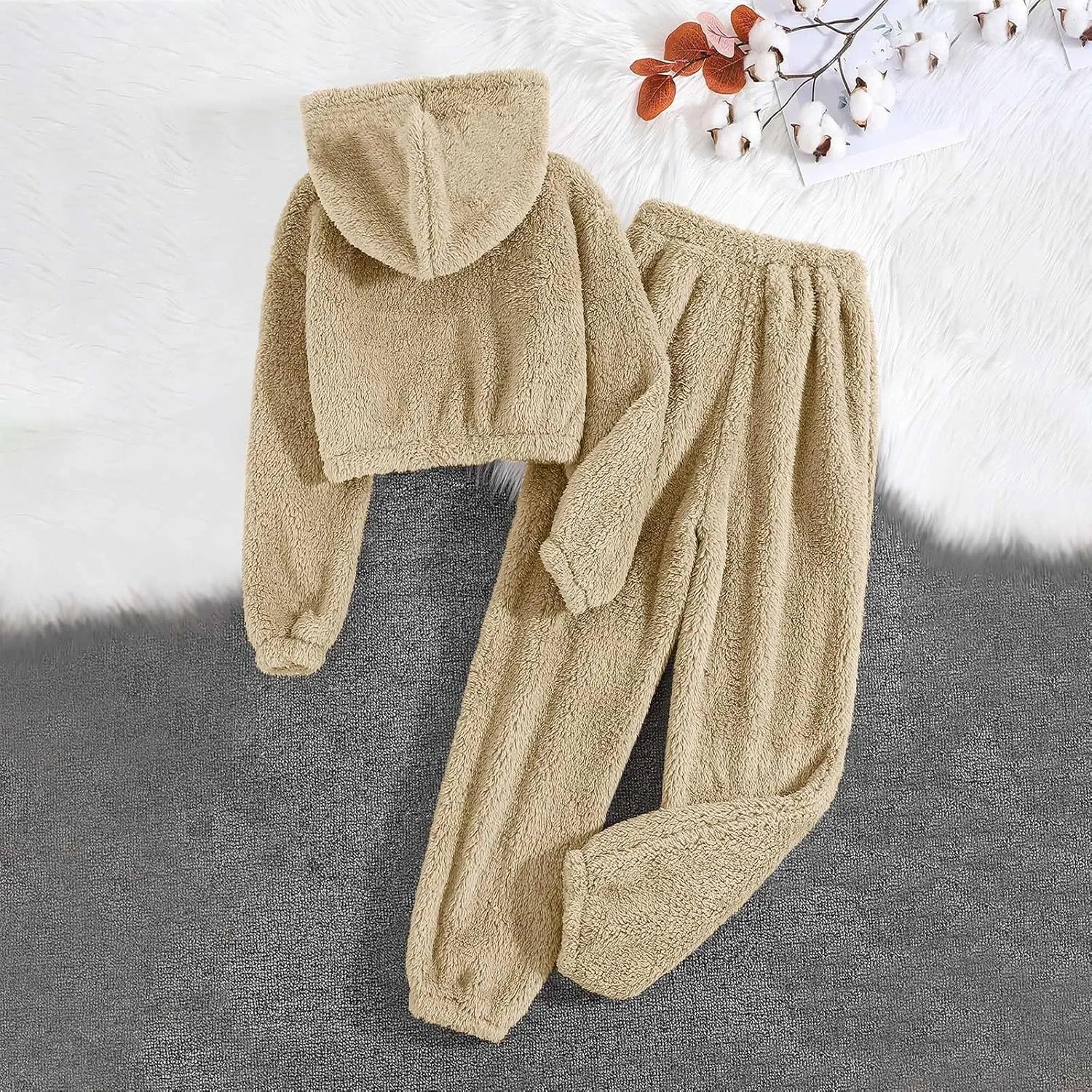 Womens Fleece Lounge Sets 2 Piece Winter Sweatsuits Crop Hoodies and Joggers Fluffy Pajamas Set Warm Winter Tracksuit