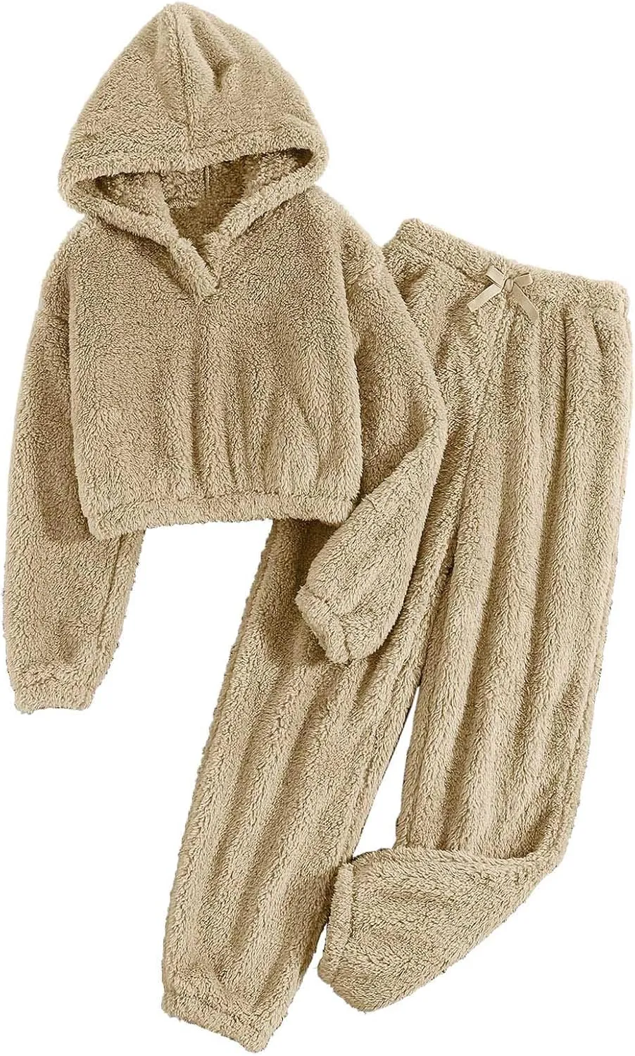 Womens Fleece Lounge Sets 2 Piece Winter Sweatsuits Crop Hoodies and Joggers Fluffy Pajamas Set Warm Winter Tracksuit