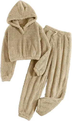 Womens Fleece Lounge Sets 2 Piece Winter Sweatsuits Crop Hoodies and Joggers Fluffy Pajamas Set Warm Winter Tracksuit