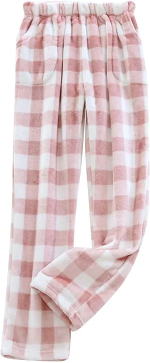 Womens Fleece Pajama Pants Buffalo Plaid Print Fuzzy PJ Bottoms Warm Cotton Flannel Loungewear Sleep Pants