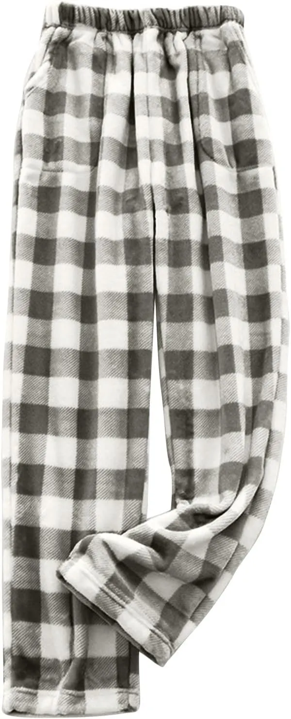 Womens Fleece Pajama Pants Buffalo Plaid Print Fuzzy PJ Bottoms Warm Cotton Flannel Loungewear Sleep Pants