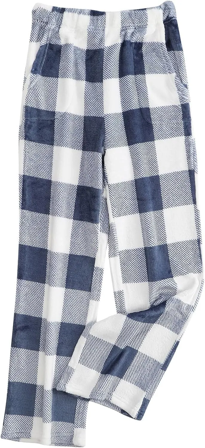 Womens Fleece Pajama Pants Buffalo Plaid Print Fuzzy PJ Bottoms Warm Cotton Flannel Loungewear Sleep Pants