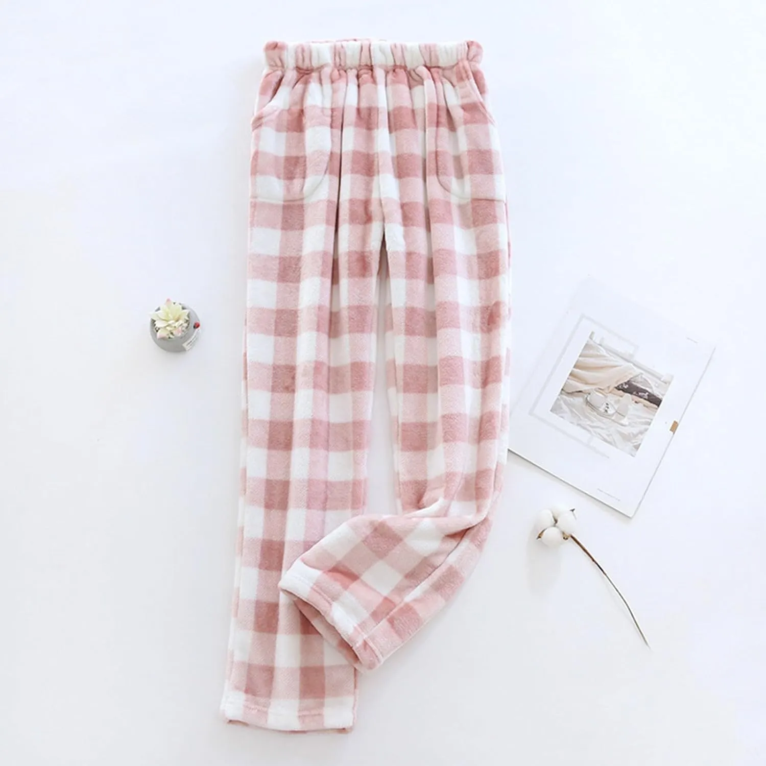 Womens Fleece Pajama Pants Buffalo Plaid Print Fuzzy PJ Bottoms Warm Cotton Flannel Loungewear Sleep Pants