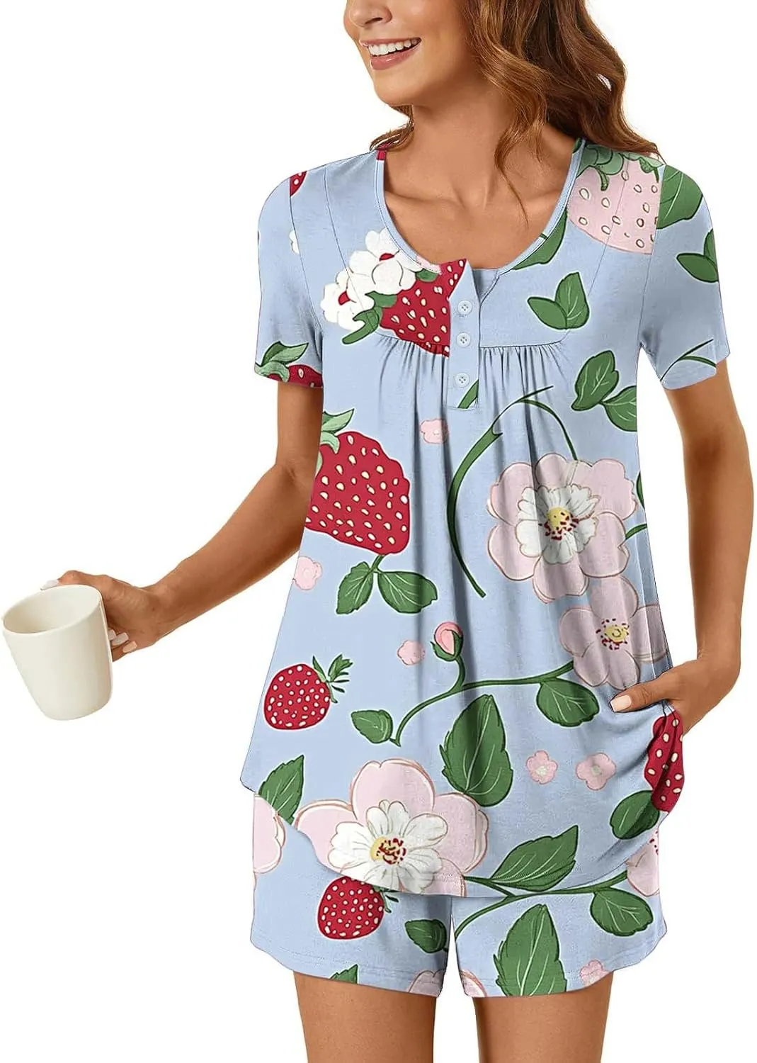 Womens Floral Print Pleated Pajamas Sets Short Sleeve Crew Neck Loose Tunic Top with Lounge Jogger Shorts Sleepwear