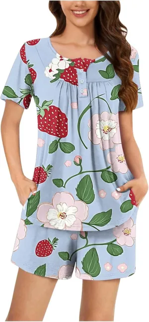 Womens Floral Print Pleated Pajamas Sets Short Sleeve Crew Neck Loose Tunic Top with Lounge Jogger Shorts Sleepwear