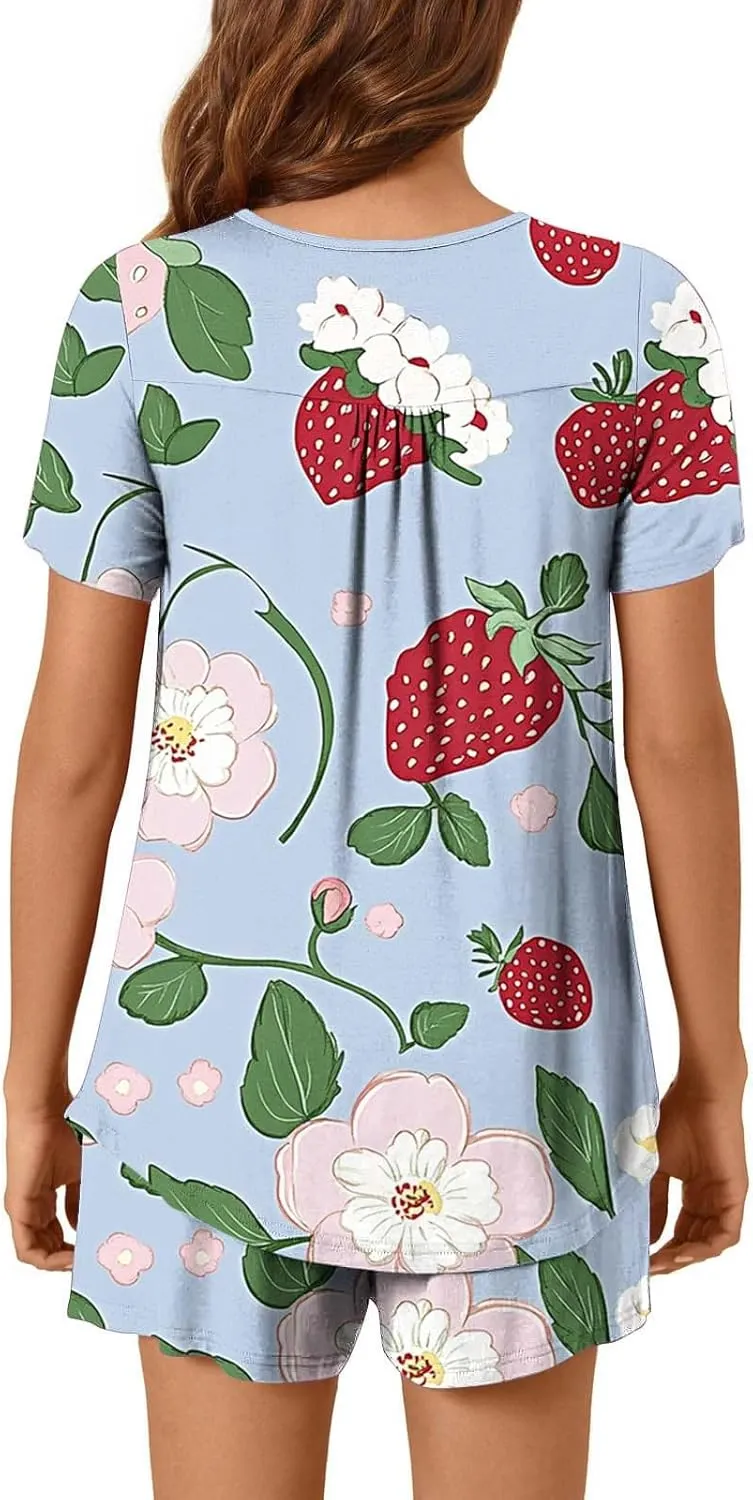 Womens Floral Print Pleated Pajamas Sets Short Sleeve Crew Neck Loose Tunic Top with Lounge Jogger Shorts Sleepwear
