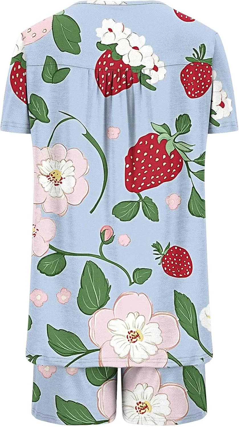 Womens Floral Print Pleated Pajamas Sets Short Sleeve Crew Neck Loose Tunic Top with Lounge Jogger Shorts Sleepwear