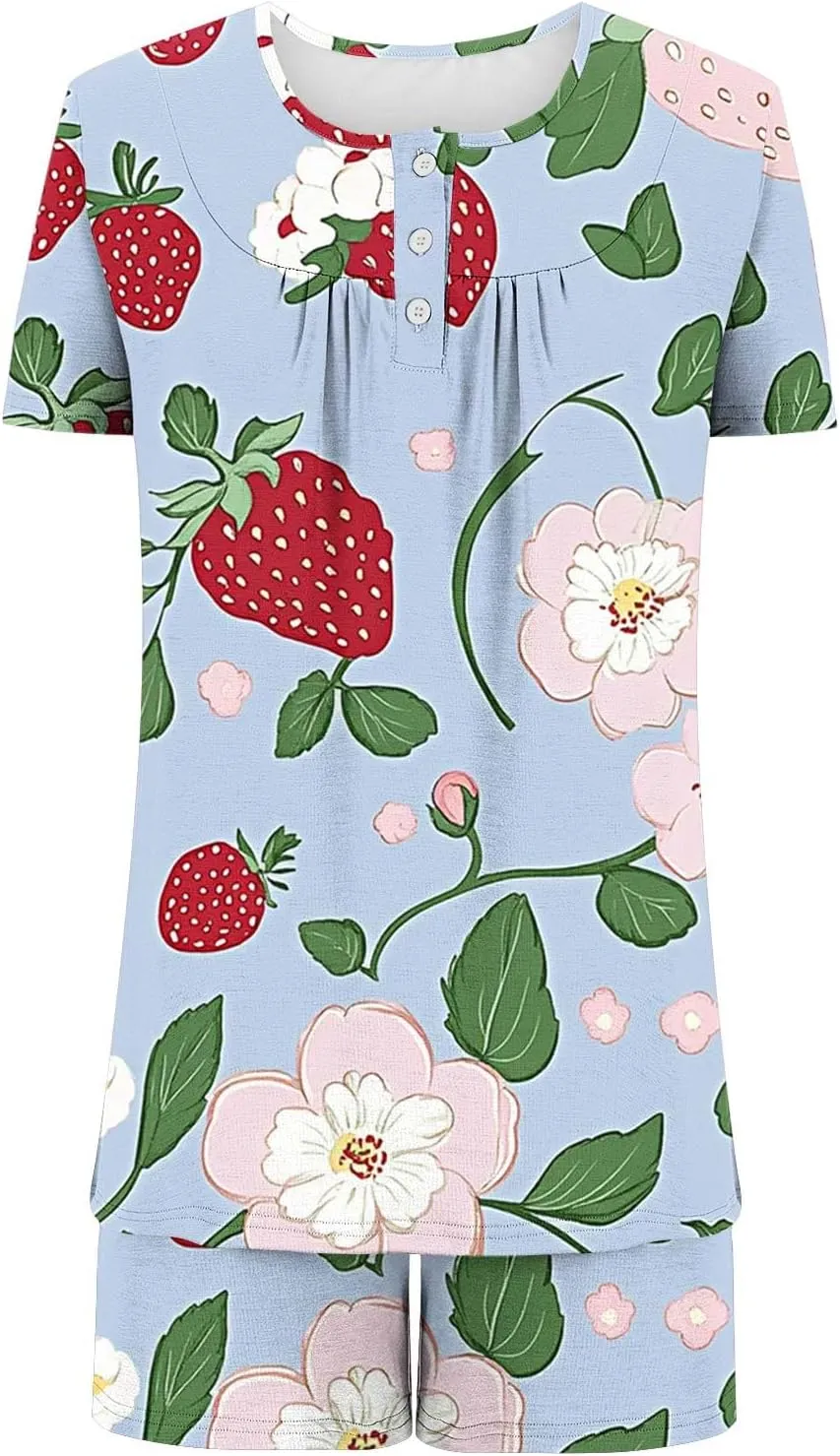 Womens Floral Print Pleated Pajamas Sets Short Sleeve Crew Neck Loose Tunic Top with Lounge Jogger Shorts Sleepwear