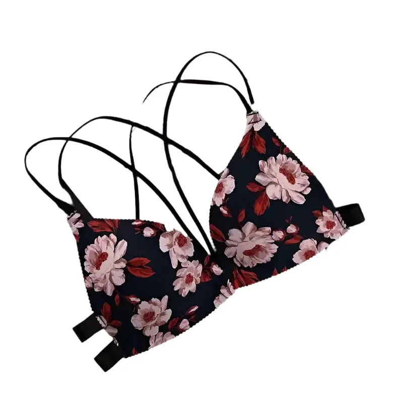 Women’s Floral Print Wireless Bralette - Front Buckle, Push-Up Comfort Lingerie