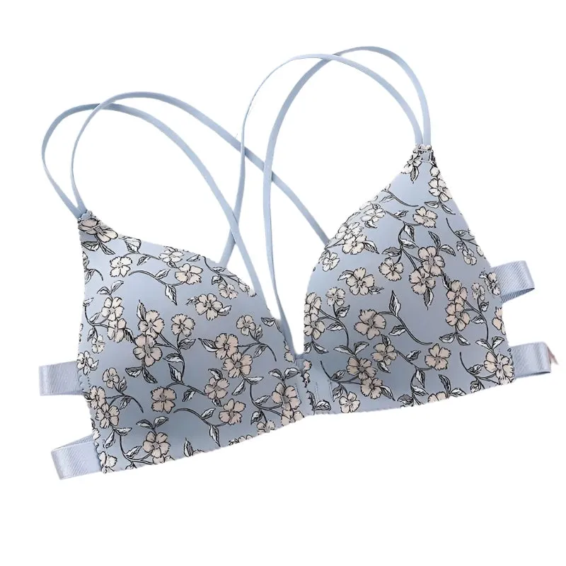 Women’s Floral Print Wireless Bralette - Front Buckle, Push-Up Comfort Lingerie