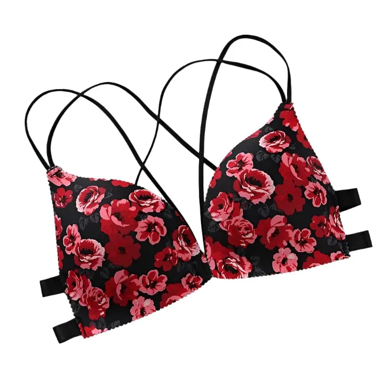 Women’s Floral Print Wireless Bralette - Front Buckle, Push-Up Comfort Lingerie
