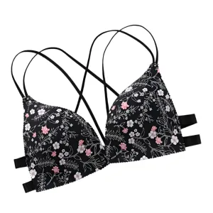 Women’s Floral Print Wireless Bralette - Front Buckle, Push-Up Comfort Lingerie