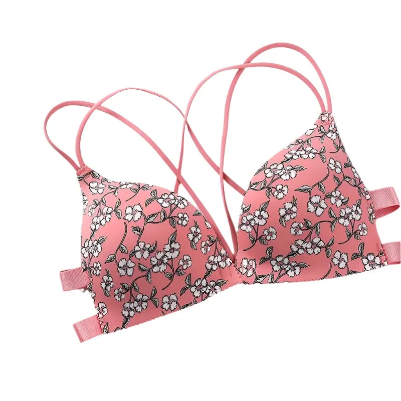 Women’s Floral Print Wireless Bralette - Front Buckle, Push-Up Comfort Lingerie