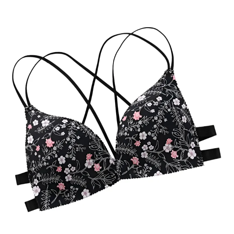Women’s Floral Print Wireless Bralette - Front Buckle, Push-Up Comfort Lingerie