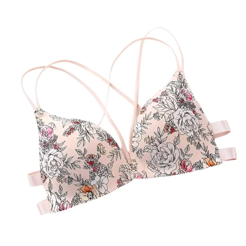 Women’s Floral Print Wireless Bralette - Front Buckle, Push-Up Comfort Lingerie