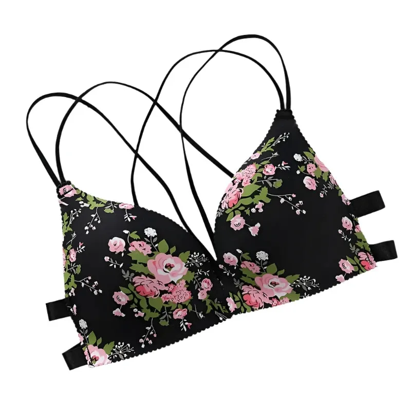 Women’s Floral Print Wireless Bralette - Front Buckle, Push-Up Comfort Lingerie