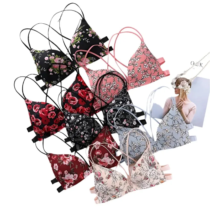 Women’s Floral Print Wireless Bralette - Front Buckle, Push-Up Comfort Lingerie