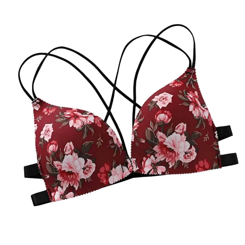 Women’s Floral Print Wireless Bralette - Front Buckle, Push-Up Comfort Lingerie