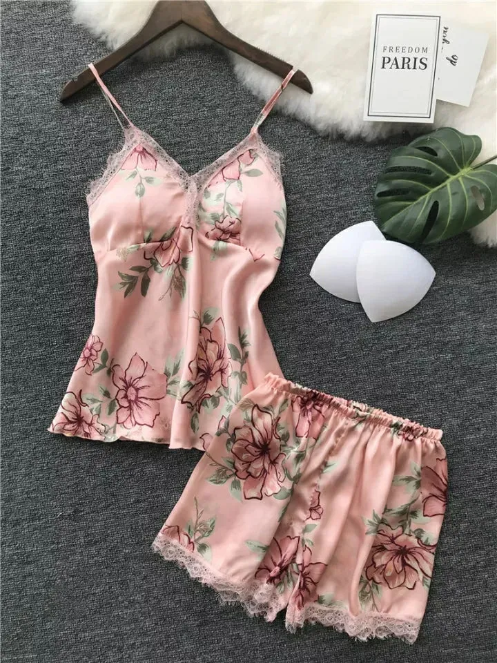 Women’s Floral Printed Lace-Trim Pajama Set (Cami Top   Shorts)