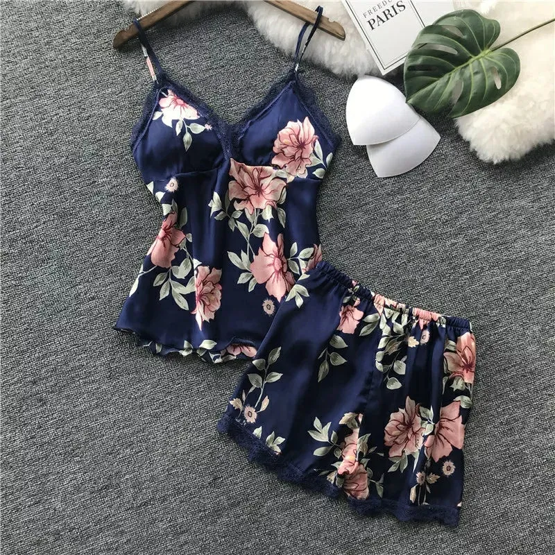 Women’s Floral Printed Lace-Trim Pajama Set (Cami Top   Shorts)