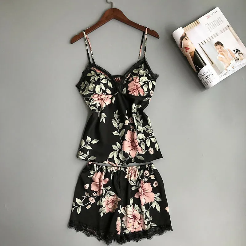 Women’s Floral Printed Lace-Trim Pajama Set (Cami Top   Shorts)