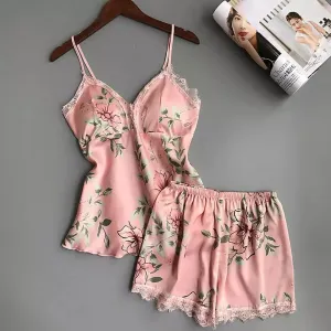 Women’s Floral Printed Lace-Trim Pajama Set (Cami Top   Shorts)