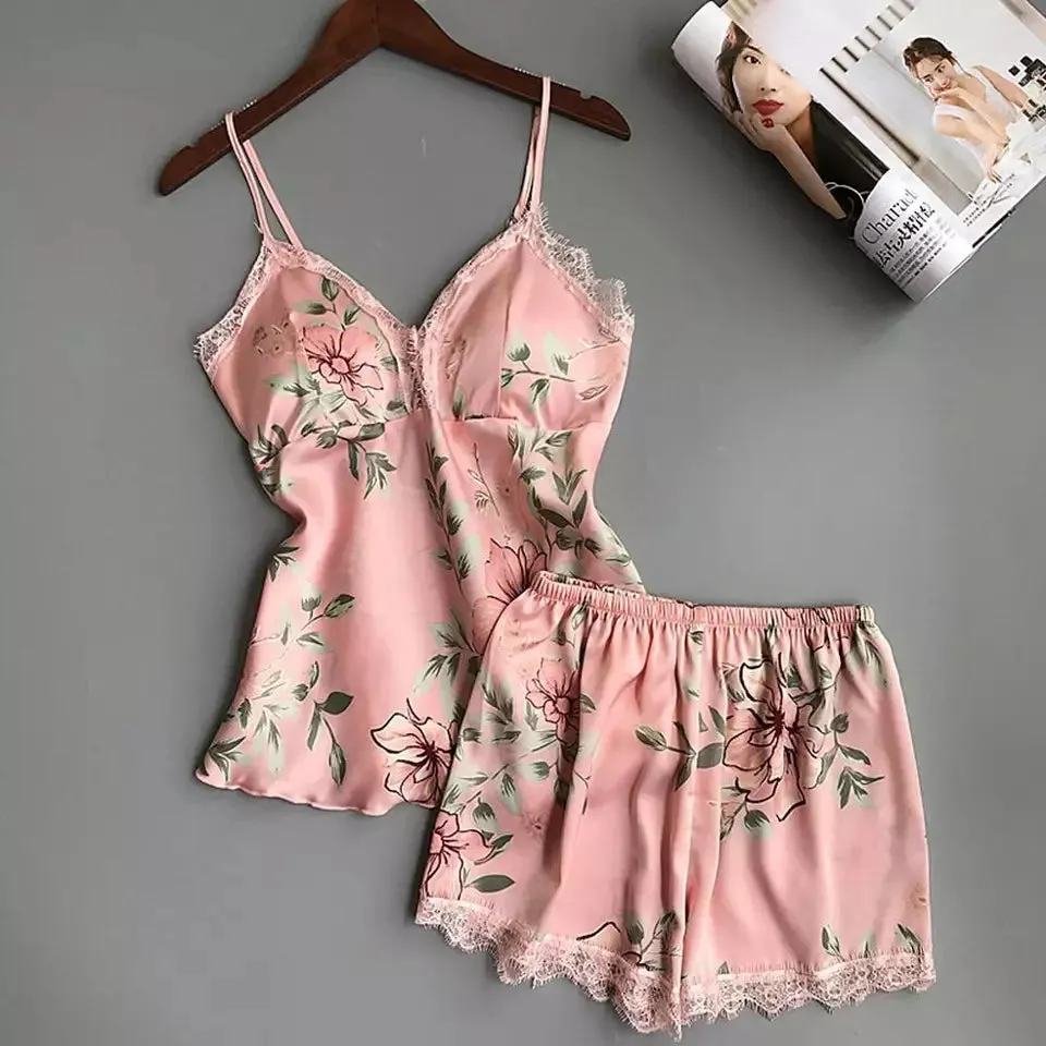 Women’s Floral Printed Lace-Trim Pajama Set (Cami Top   Shorts)
