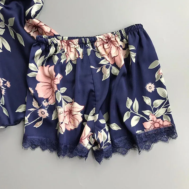 Women’s Floral Printed Lace-Trim Pajama Set (Cami Top   Shorts)