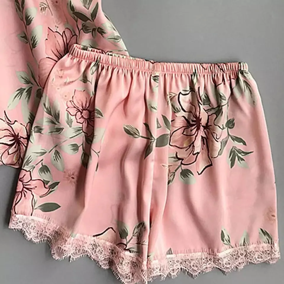 Women’s Floral Printed Lace-Trim Pajama Set (Cami Top   Shorts)