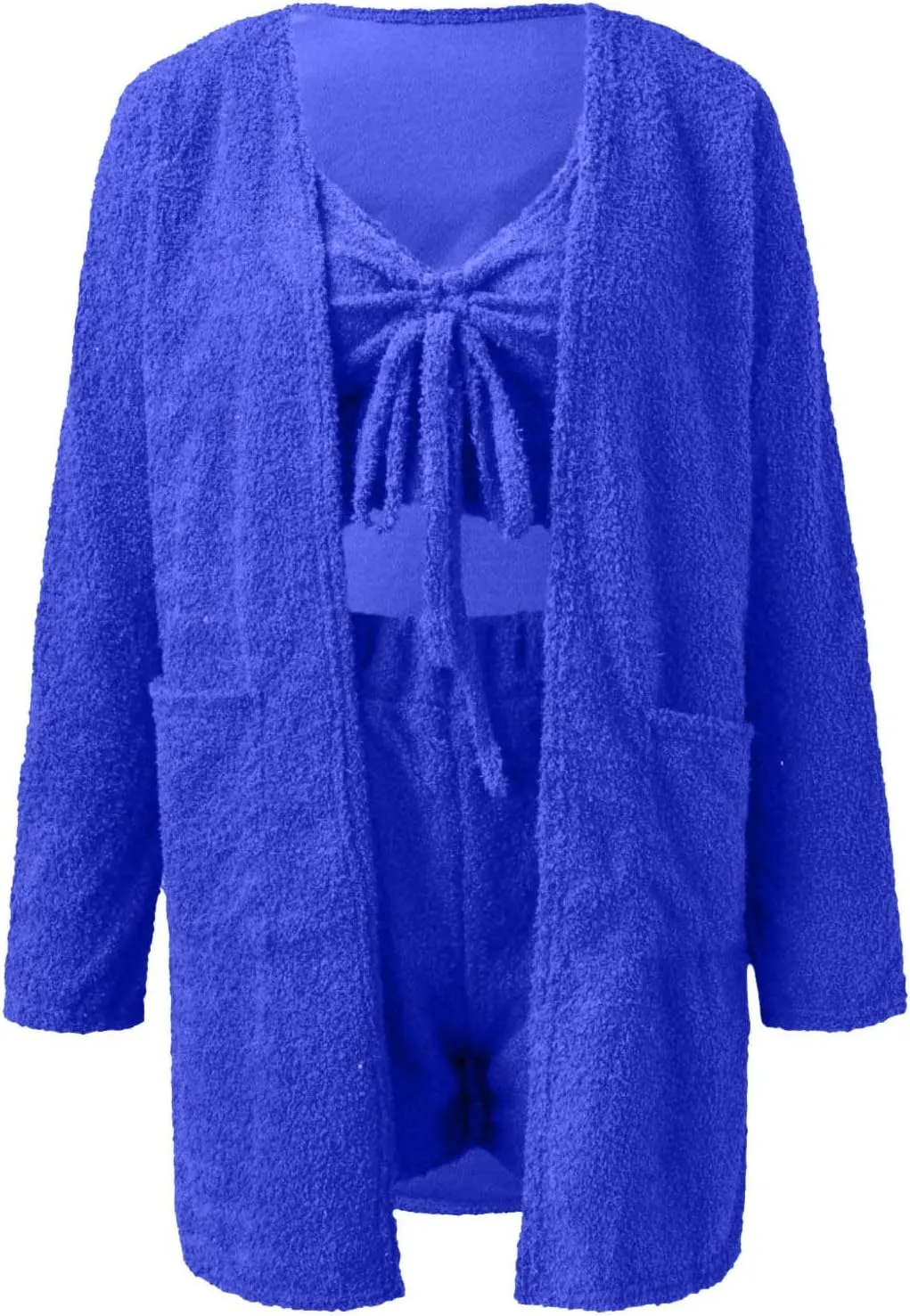 Women's Fuzzy 3 Piece Lounge Set Open Front Cardigan Crop Tank Tops and Shorts Sleepwear Lounge Outfits