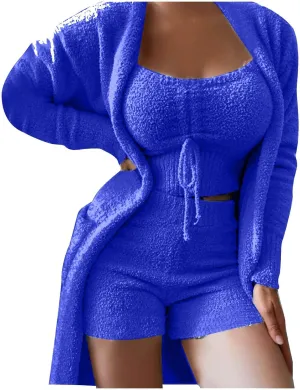 Women's Fuzzy 3 Piece Lounge Set Open Front Cardigan Crop Tank Tops and Shorts Sleepwear Lounge Outfits