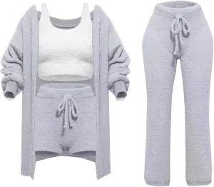 Women's Fuzzy Outfits 4 Piece Sherpa Cardigan Crop Tank Tops Shorts and Wide Legs Pants Lounge Sets