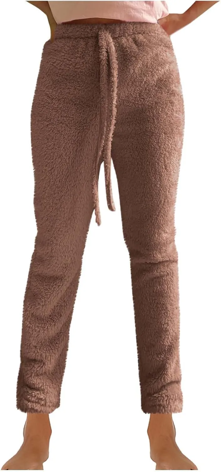 Women's Fuzzy Outfits 4 Piece Sherpa Cardigan Crop Tank Tops Shorts and Wide Legs Pants Lounge Sets