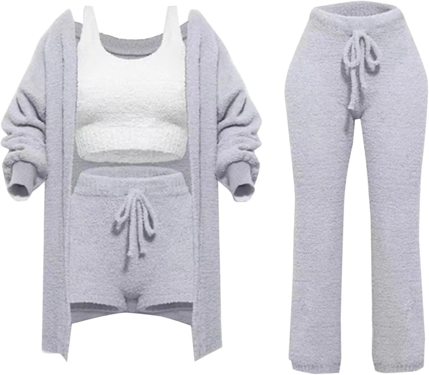 Women's Fuzzy Outfits 4 Piece Sherpa Cardigan Crop Tank Tops Shorts and Wide Legs Pants Lounge Sets