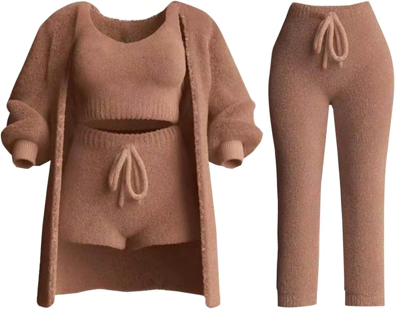 Women's Fuzzy Outfits 4 Piece Sherpa Cardigan Crop Tank Tops Shorts and Wide Legs Pants Lounge Sets